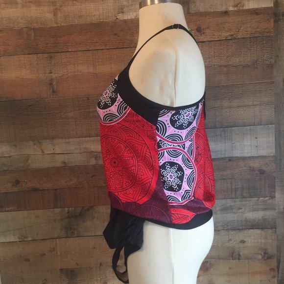 2 Piece Blouson Tankini Size L by Beachsissi Red/Black Print Top Black Bottom - Picture 3 of 8